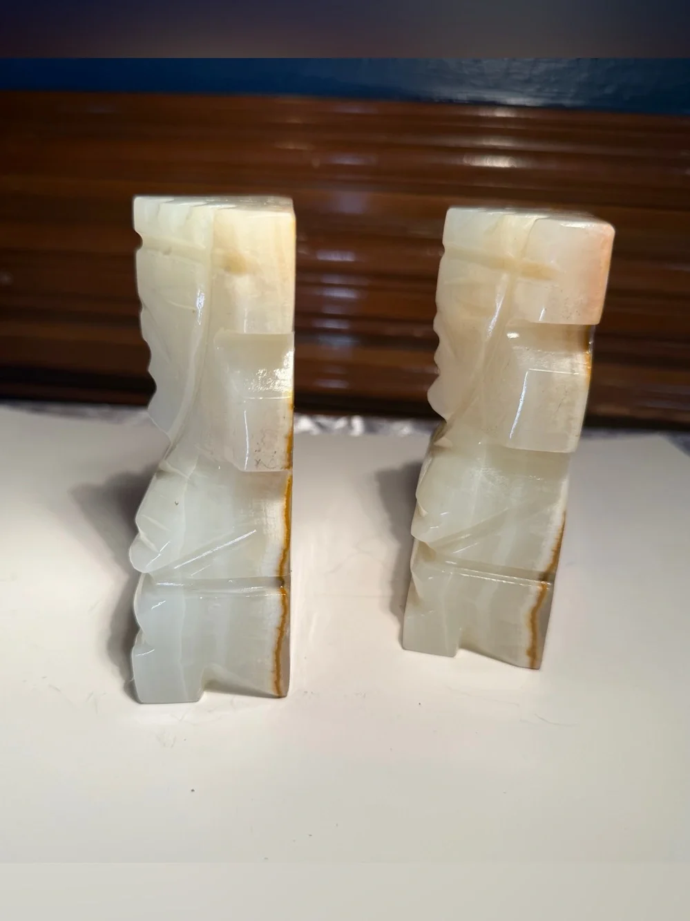 Vintage Tiki Aztec Mayan Sculptural Bookends Carved Onyx Stone Set of 2